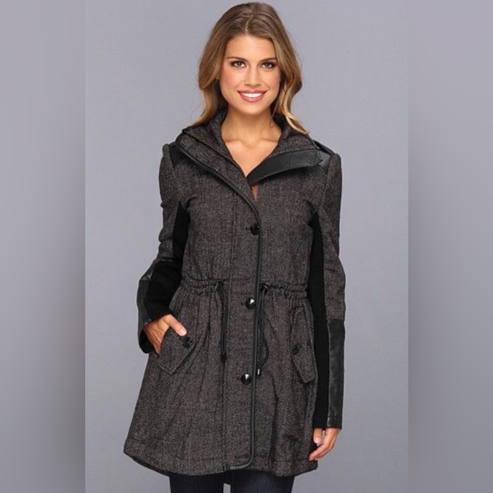 Sam Edelman Wool Blend Charcoal Gray Black‎ Vegan Leather Hooded Women's Coat L